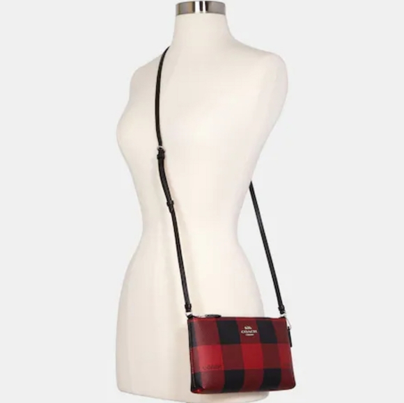 COACH ZIP TOP CROSSBODY WITH BUFFALO PLAID PRINT RED & BLACK - Picture 2 of 4